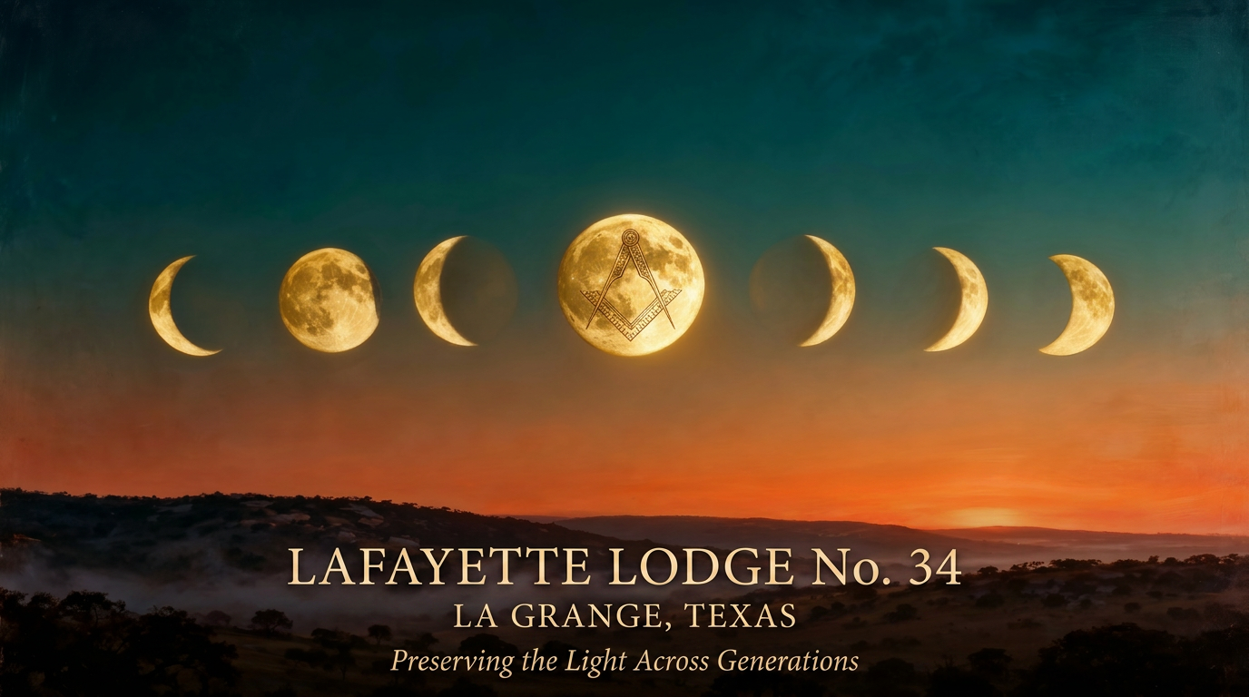 Lafayette Lodge No. 34, La Grange, Texas — moon phases above a Texas Hill Country sunset, with the Square and Compasses centered in the full moon. Preserving the Light Across Generations.
